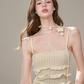 Soft Knit Cream White Dress with Tiered Ruffle Hem, Floral Detail and Form-Fitting Silhouette R9270