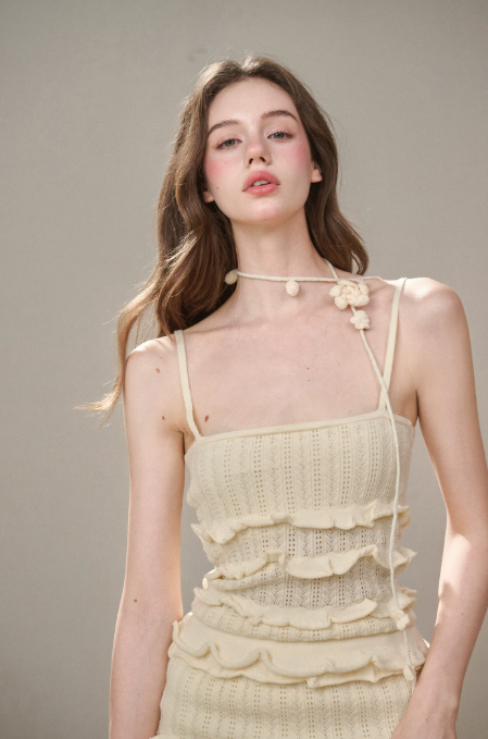 Soft Knit Cream White Dress with Tiered Ruffle Hem, Floral Detail and Form-Fitting Silhouette R9270