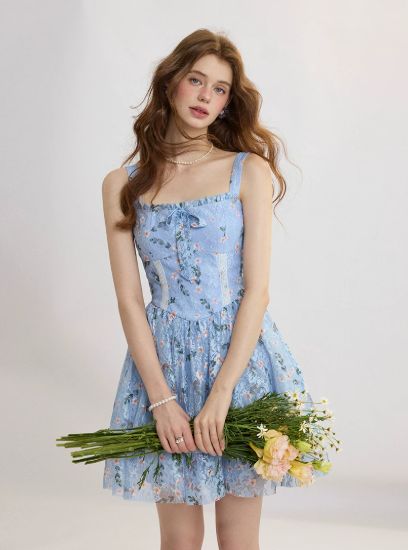 Blue Floral Lace Cami Dress Women With Bow Detail And Flared Skirt R9451