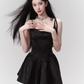 Black Jacquard Satin Cami Dress Women With Bow Detail And Flared Skirt R9407