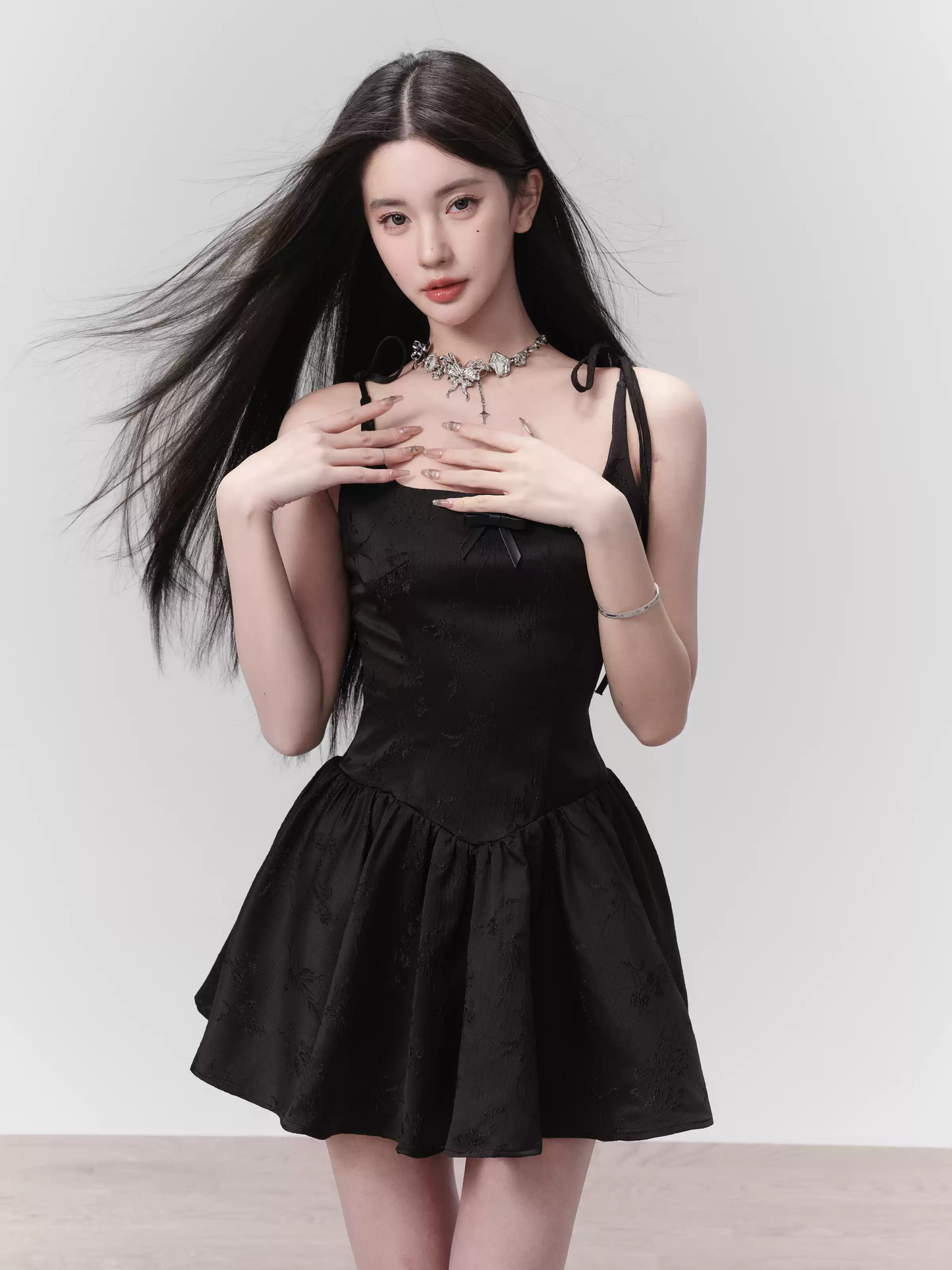 Black Jacquard Satin Cami Dress Women With Bow Detail And Flared Skirt R9407