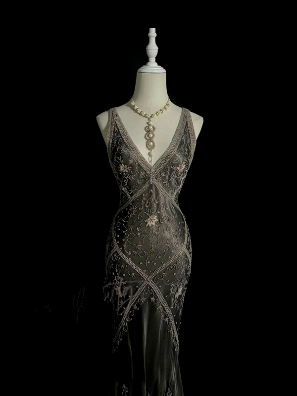 Black halter-neck beaded fitted long ball gown R6649