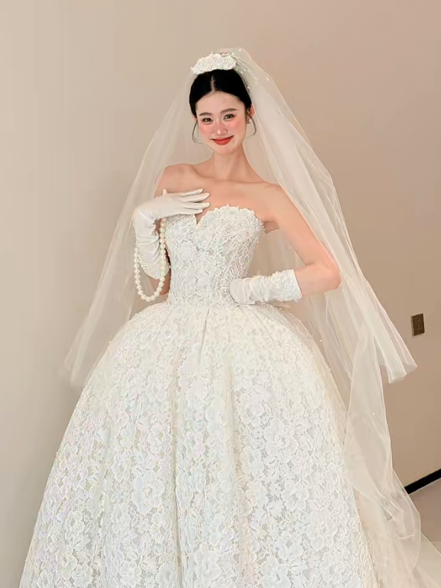 White strapless lace waist slim elegant puffy skirt long dress bridal dress R6030