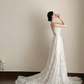 White lace strapless, waist-cinched, slim-fit elegant long prom dress R7955