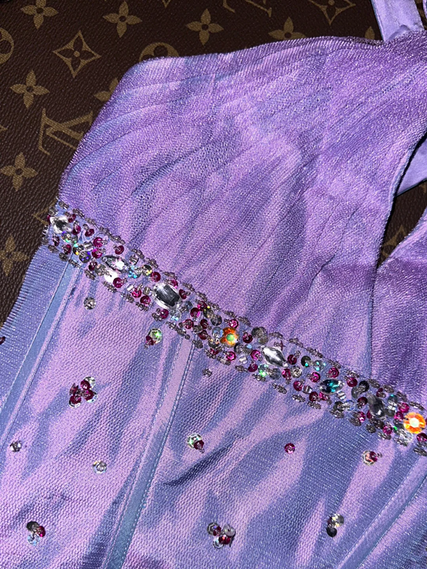 Purple halter-neck, fitted waist, sexy and charming long ball gown R6968