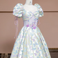 Off-white base with light purple butterfly print, fitted waist, long ball gown with a full skirt R8337