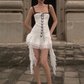 White sweet cool hot girl suspender skirt pleated waist slim irregular skirt short skirt homecoming dress R4710