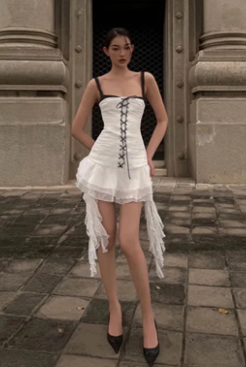 White sweet cool hot girl suspender skirt pleated waist slim irregular skirt short skirt homecoming dress R4710