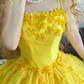 Yellow Spaghetti-Strap Waist-Cinched Puffy-Hem Ball Gown, Bridal Gown R7322