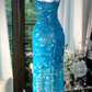 Light blue halter-neck fitted long sequined ball gown R7643