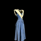 Blue satin fitted A-line ball gown R6609