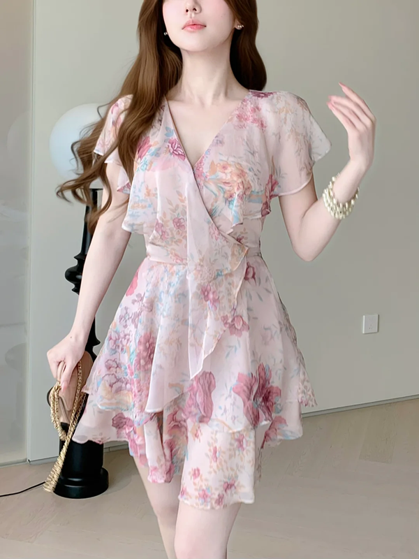 Pink floral V-neck slim waist A-line chiffon skirt R5032