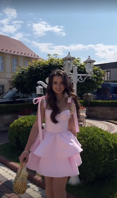 Pink suspender tie waist slim fit puffy skirt homecoming dress R5439