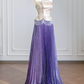 Purple floral strapless cinched waist long ball gown with pleated skirt R8249