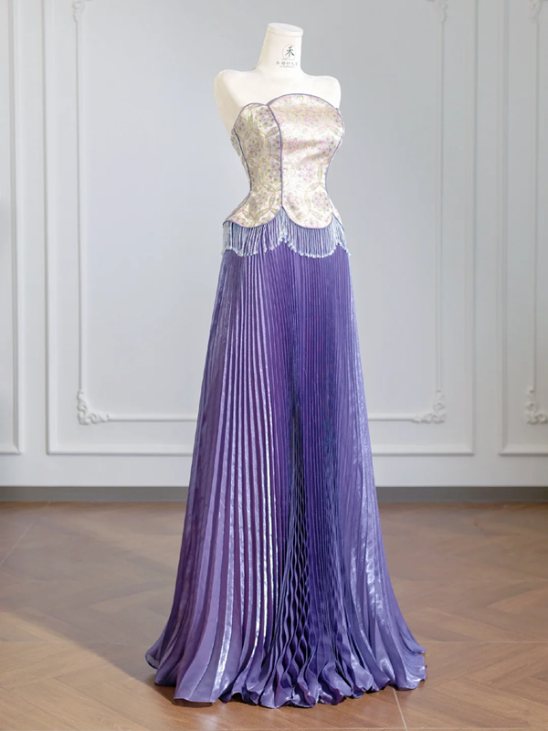 Purple floral strapless cinched waist long ball gown with pleated skirt R8249