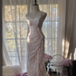 Light pink floral print halter-neck fitted bodycon long ball gown R7724