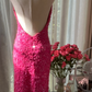 Rose pink halter neck backless sexy long ball gown R7755