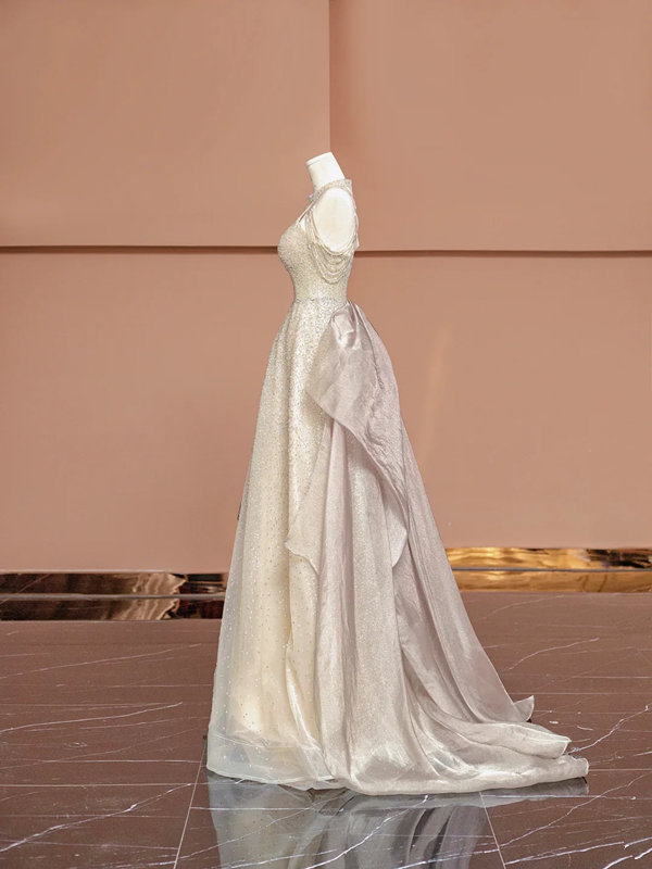 Champagne-colored halter neck, fitted waist, long ball gown/bridal dress R8394