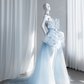 Light blue strapless fitted long train ball gown, bridal dress R8855