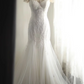White lace neckline, fitted waist, bodycon long ball gown, bridal gown R6729