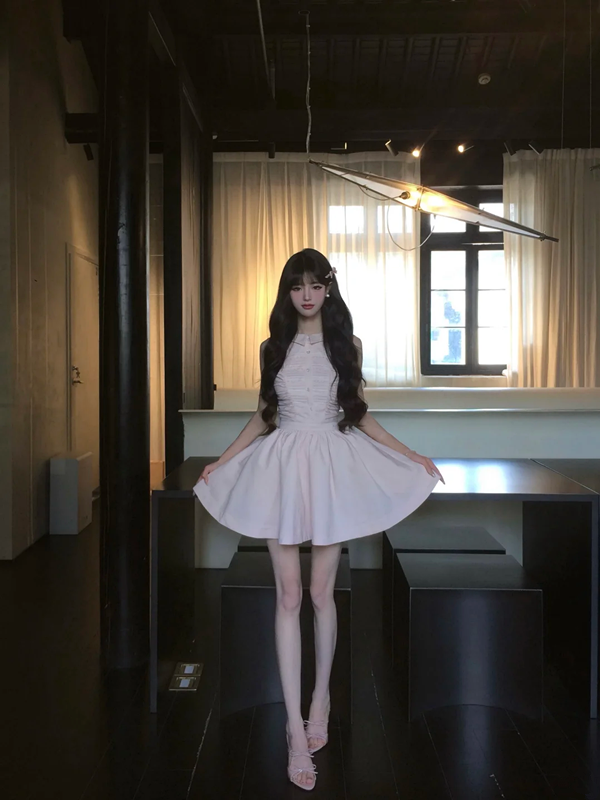 Pink Sleeveless Pleated Waist Slim A-Line Short Skirt Homecoming Dress R5077