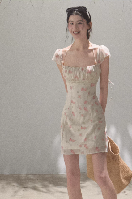 Sweet Style White Pink Floral Halter Dress Slim Fit Casual Party Dress R9358
