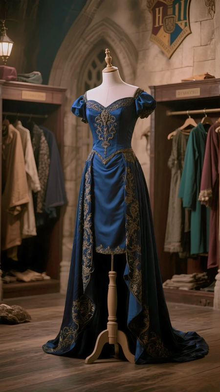 Retro blue puff sleeve slim waist classic ball gown R6090