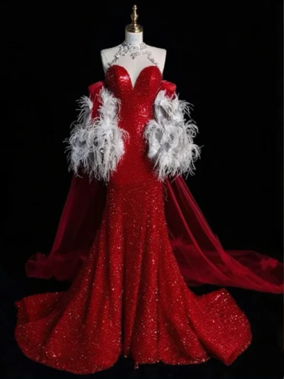 Red halter-neck sequined fitted waist slim-fitting mermaid-style sexy ball gown R6449