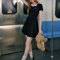 Edgy Coquette Black Short Sleeve Dress With Structured Corset And Flared Skirt R9320
