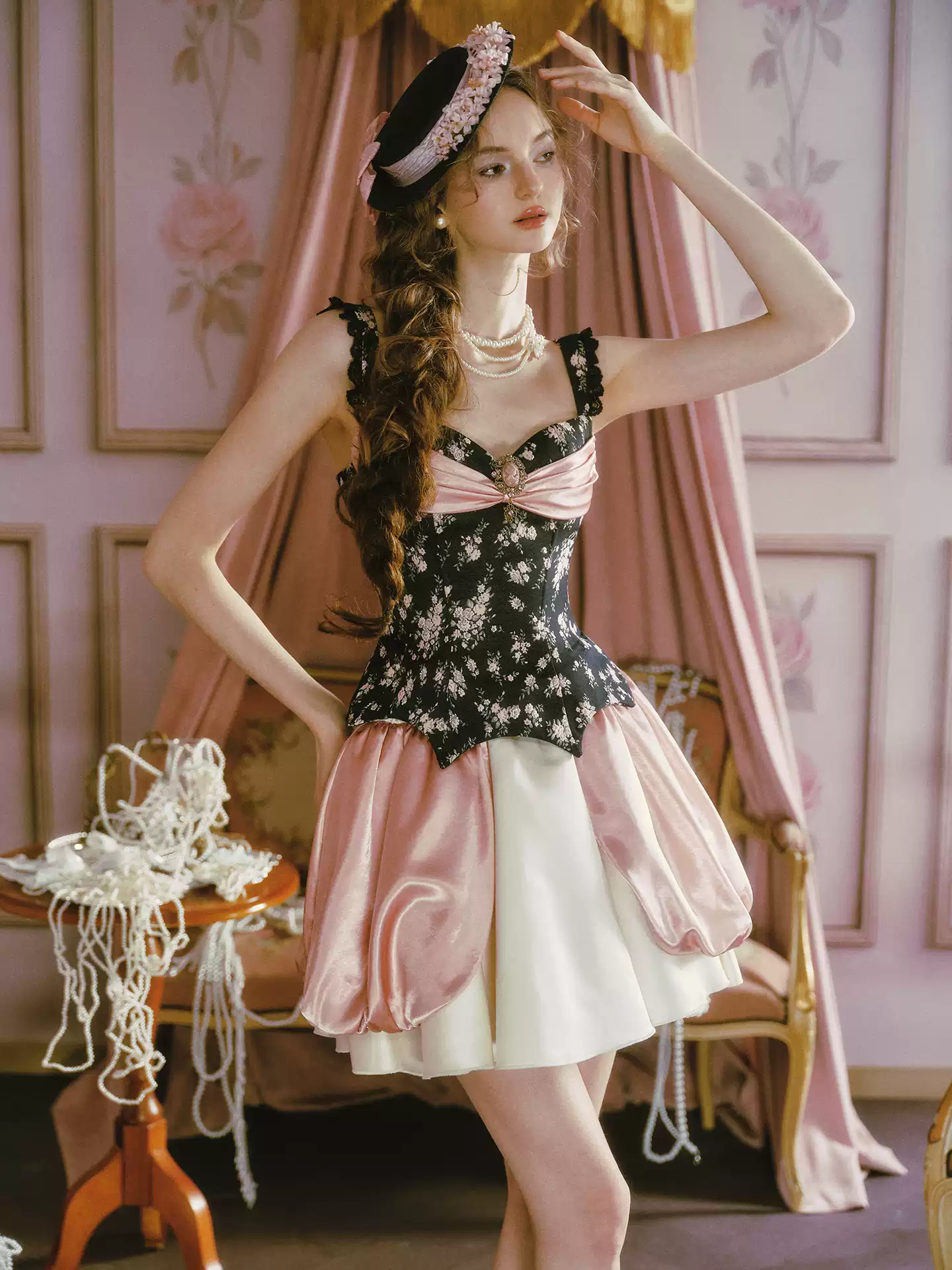 Rococo-Inspired Bustier Dress with Floral Print & Bubble Skirt R9203
