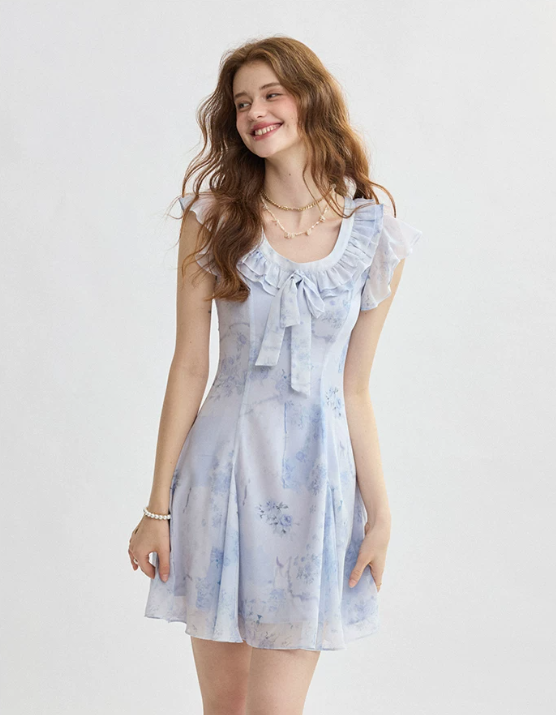 Light Blue Floral Print Mini Dress Women With Ruffle Trim And Bow Detail R9468
