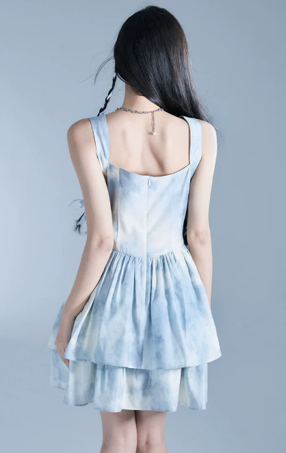 Blue Tie Dye Corset Style Cami Dress Women With Tiered Skirt And Lace Trim R9438