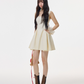 Cream White French Style Sleeveless Mini Dress, Square Neck High Waist Flare Skirt R9377