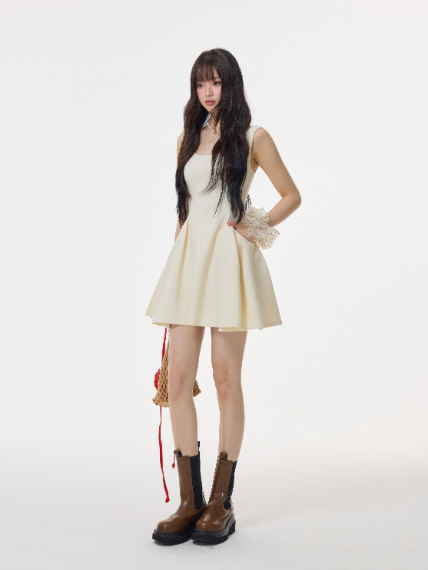 Cream White French Style Sleeveless Mini Dress, Square Neck High Waist Flare Skirt R9377