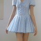 Blue White Gingham Puff Sleeve V-Neck Mini Dress Women High Waist A-Line Dress R9350