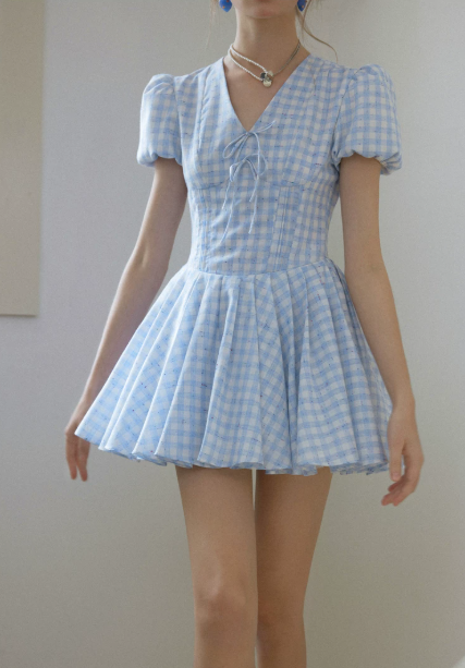 Blue White Gingham Puff Sleeve V-Neck Mini Dress Women High Waist A-Line Dress R9350