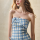 Blue & White Gingham Strapless Mini Dress with Bow Detail, Pleated Skirt and Fitted Bodice R9260