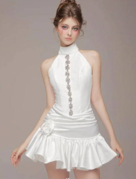 White halter neck slim waist pleated cute A-line ruffled skirt short skirt homecoming dress R4795