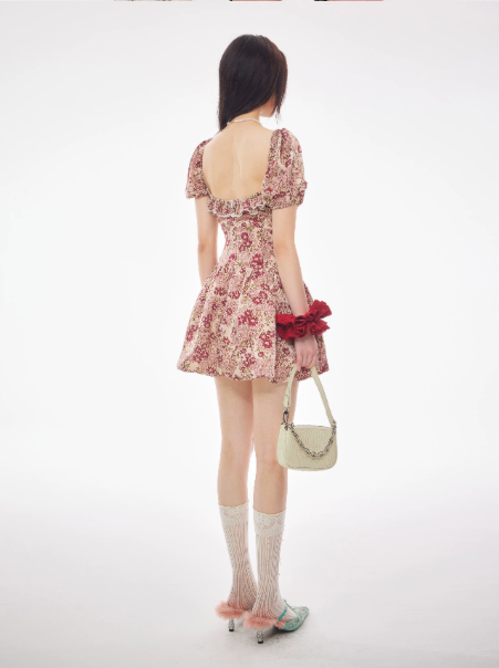 Hot girl floral print puff sleeve backless fitted waist short dress R9374