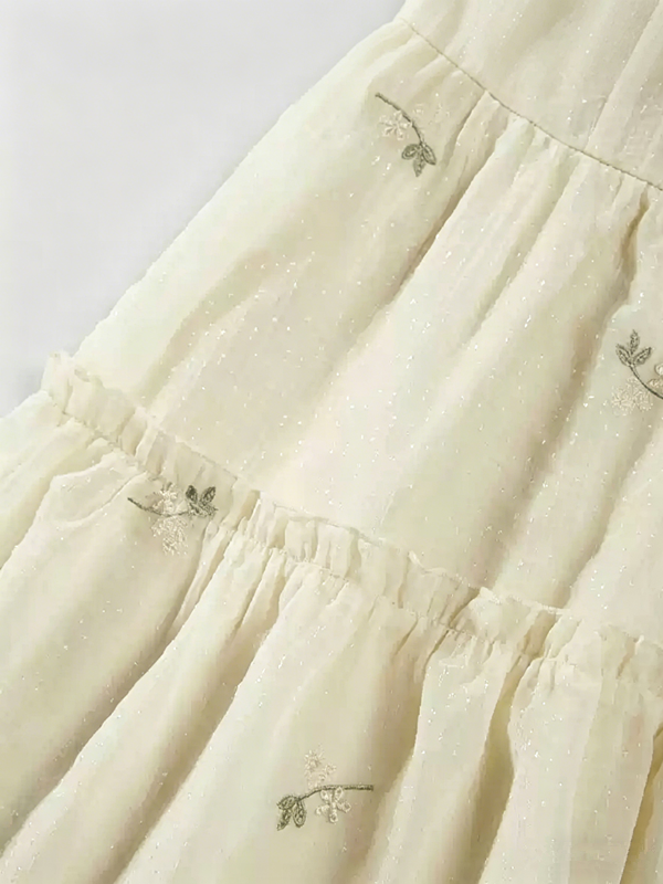Cream White Embroidered Shirt Dress with Puff Sleeves & Tiered Skirt R9177