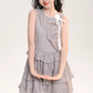 Elegant Coquette Gray Plaid Sleeveless Mini Dress With Tiered Skirt And Floral Accent R9302