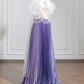 Purple floral strapless cinched waist long ball gown with pleated skirt R8249