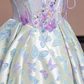Off-white base with light purple butterfly print, fitted waist, long ball gown with a full skirt R8337