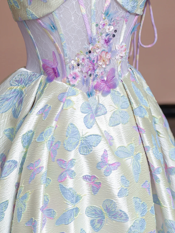 Off-white base with light purple butterfly print, fitted waist, long ball gown with a full skirt R8337