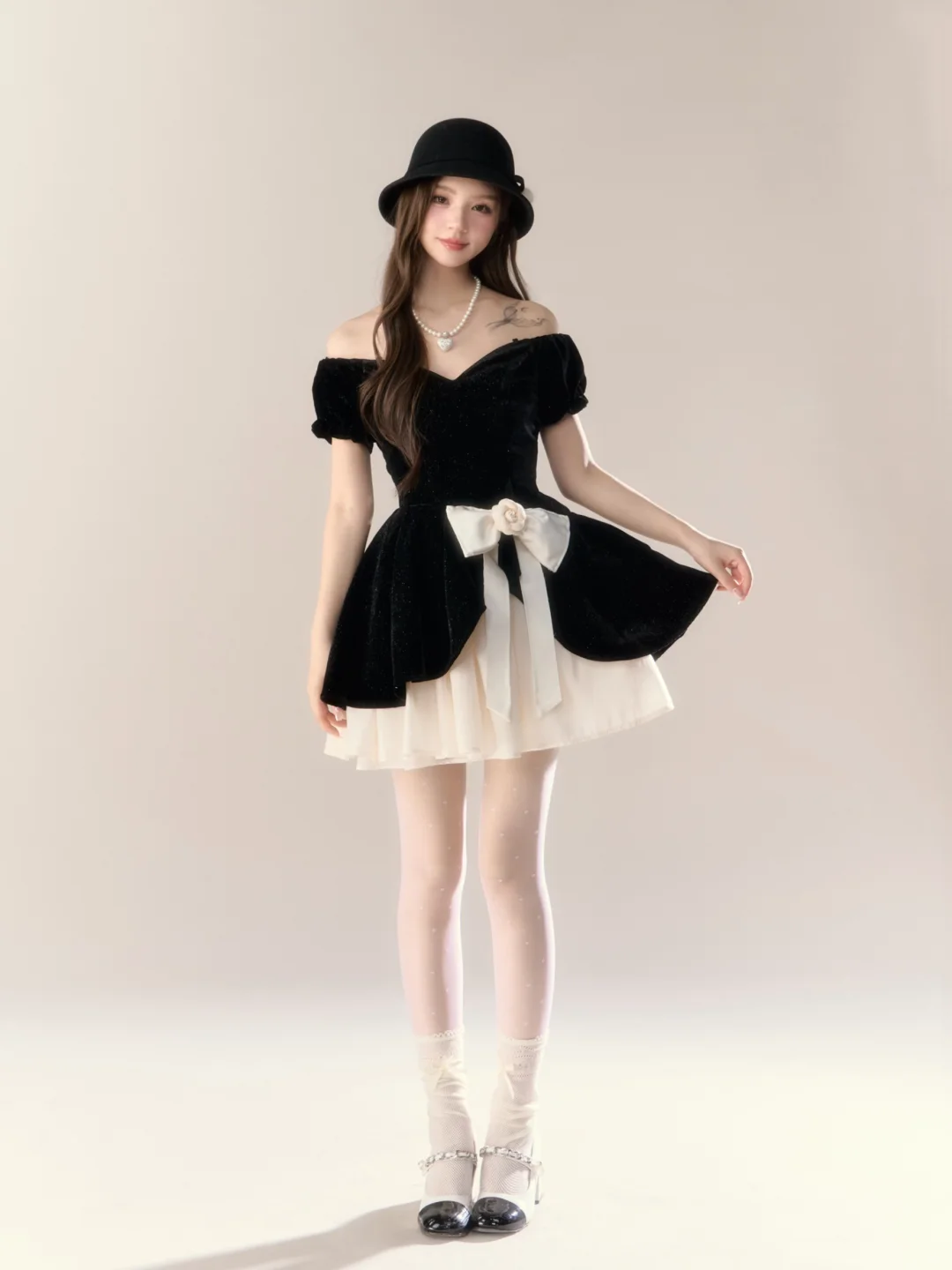 Black one-shoulder slim waist A-line puffy skirt homecoming dress R5399