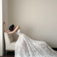 White lace strapless, waist-cinched, slim-fit elegant long prom dress R7955