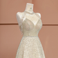 Champagne-colored halter neck, fitted waist, long ball gown/bridal dress R8394