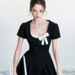 Black Hepburn Style Mini Dress Women With Square Neck And White Bow Detail R9408