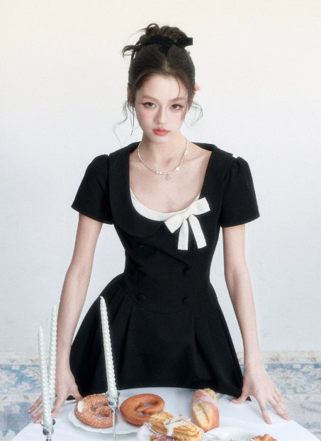 Black Hepburn Style Mini Dress Women With Square Neck And White Bow Detail R9408