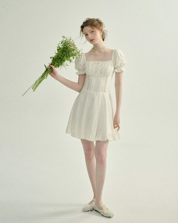 White French Style Mini Dress Women With Puff Sleeves And Lace Inset R9471